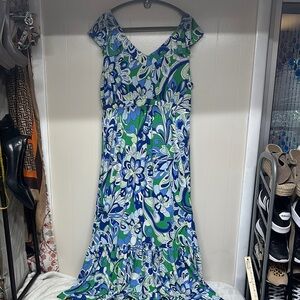 IMAN Blue and Green Flutter Sleeve Maxi Sun Dress